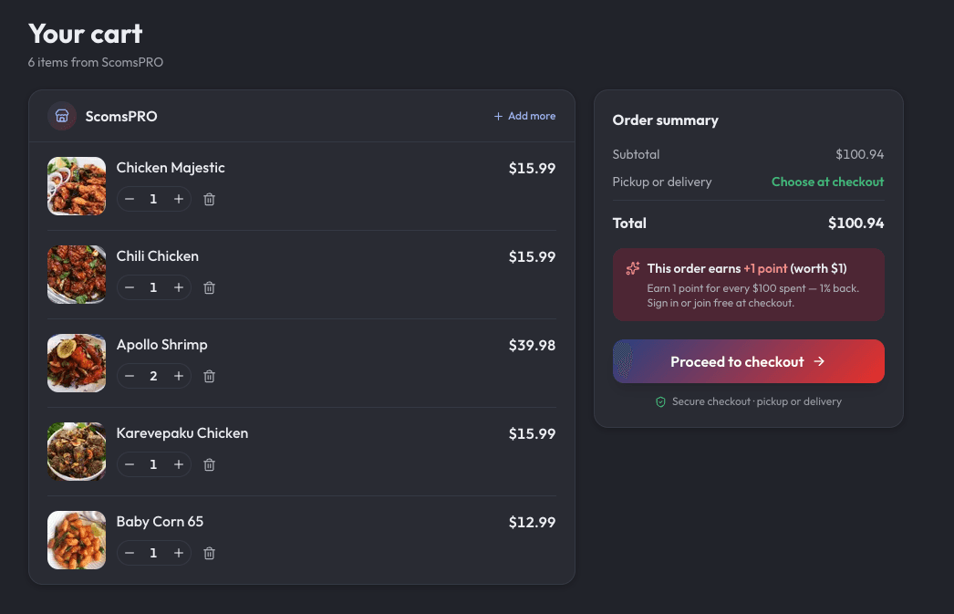 Cart on a restaurant's own NEAPES ordering website
