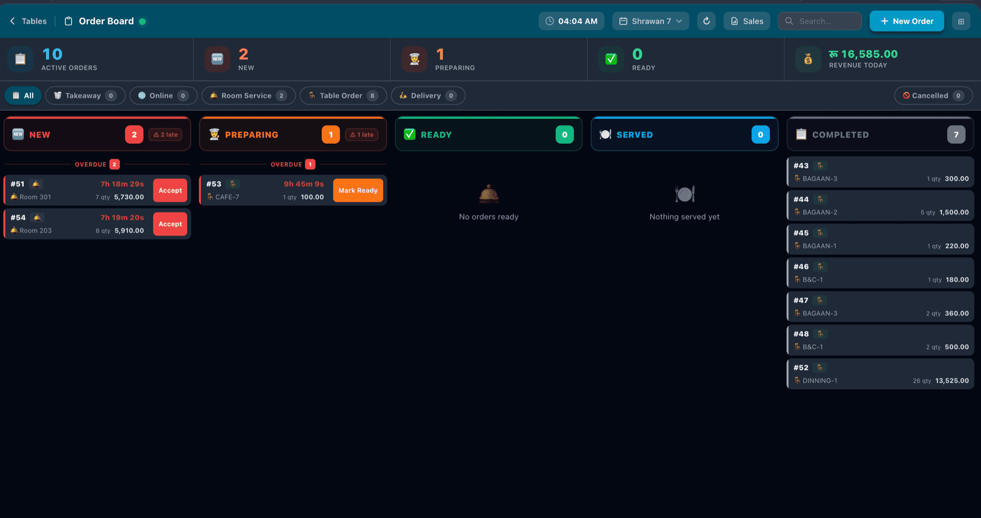 ScomsPOS order board showing online and in-store orders
