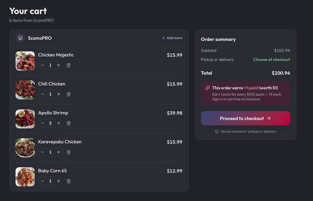 An online cart on a NEAPES store showing the order total and the loyalty points the order earns